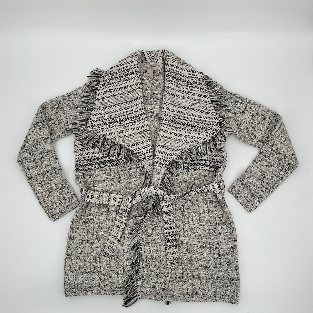 Lucky Brand Metallic Fringe Tweed Textured Knit Belted Sweater Cardigan